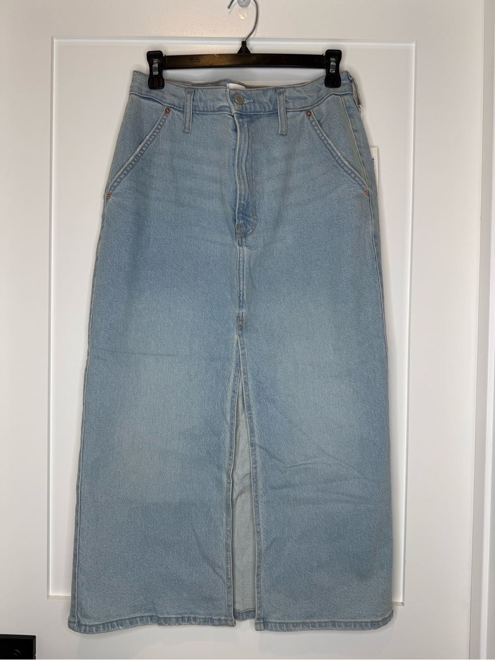 Oak + Fort Light Wash Long Denim Skirt Front Slit Size 28 NWT